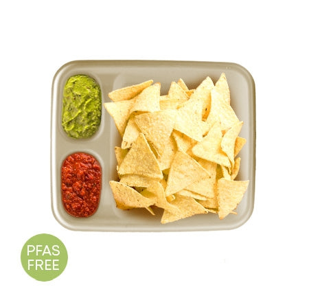 Fiber nacho tray containing chips, salsa, and guacamole on a plain white background.