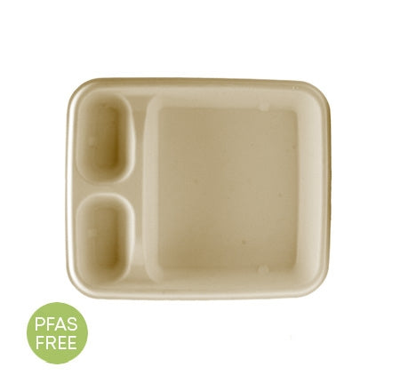 A fiber three-compartment nacho tray on a white background.