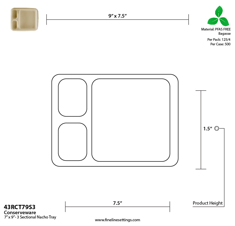 Diagram of a 3-sectioned nacho tray with dimensions and material information.