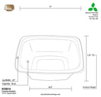 Measurement chart of a square bowl with dimensions and specifications.