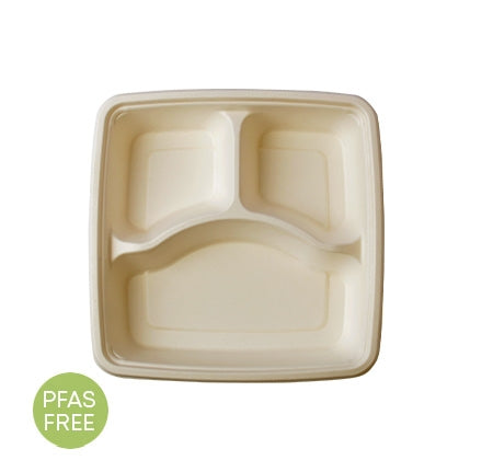 9" Fiber Square Tray | 3 Compartment | Tan | Compostable
