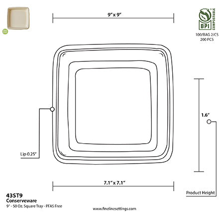 Technical drawing of a square tray with dimensions and specifications.