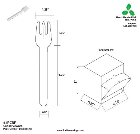 Technical drawing of a paper fork with dimensions and packaging details.