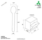 Technical drawing of a paper spoon with dimensions and packaging details.