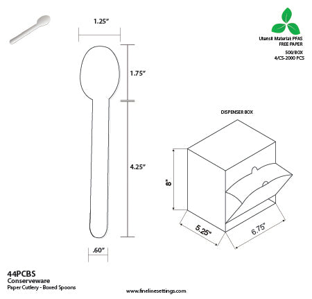 Technical drawing of a paper spoon with dimensions and packaging details.