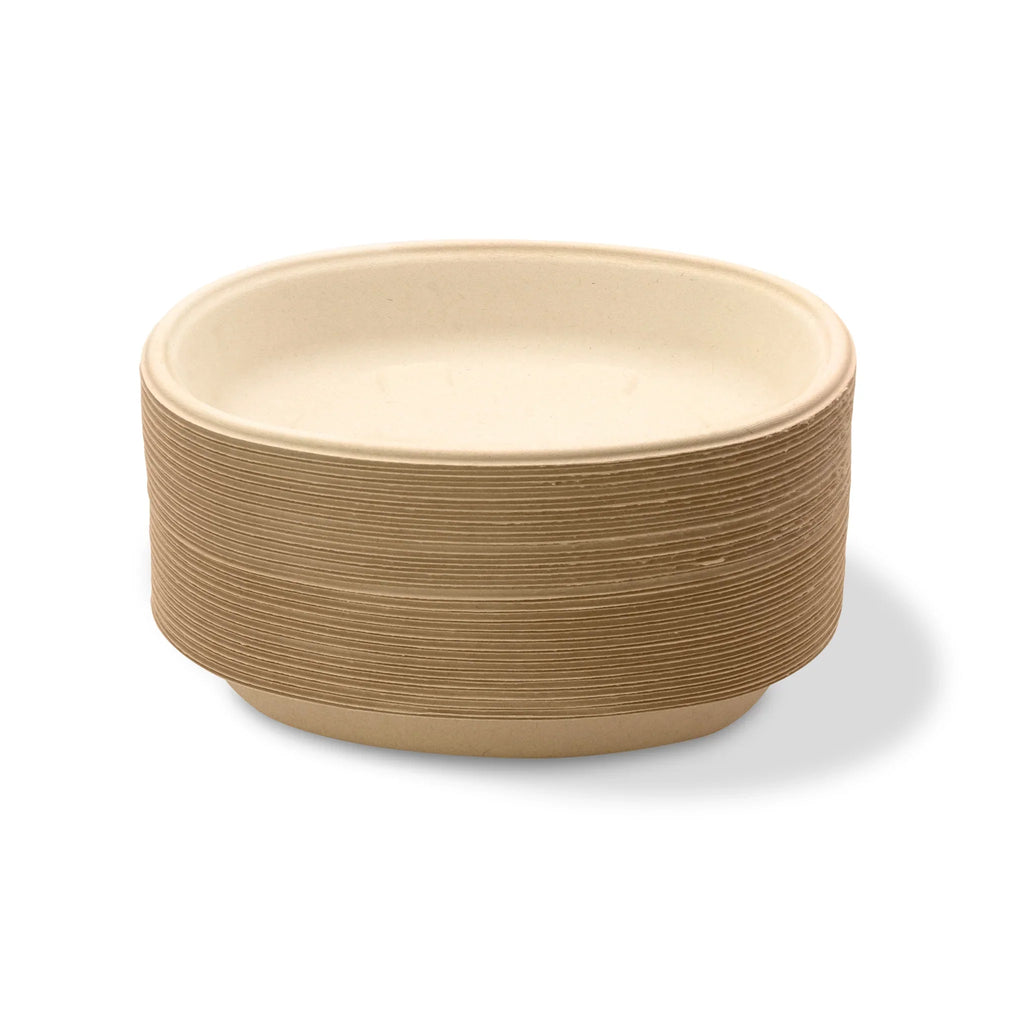 Stack of Beige compostable bowls with ribbed texture on a white background