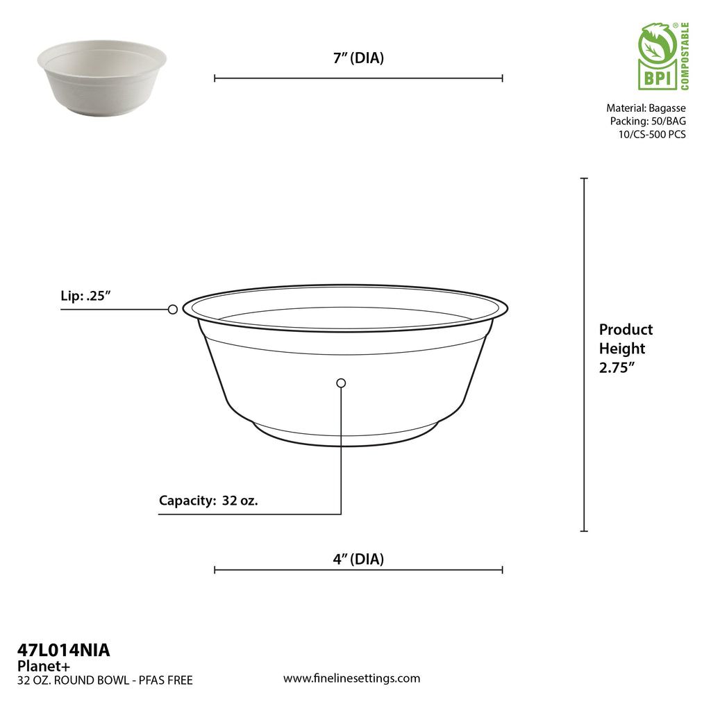 Measurement chart for a 32 oz round bowl with dimensions and material information.