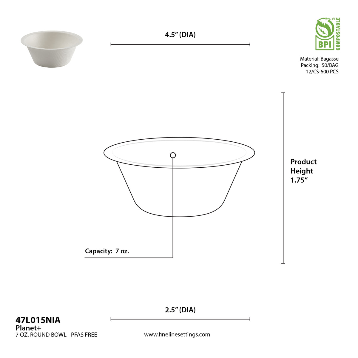 An image that shows the dimension of a compostable bowl.
