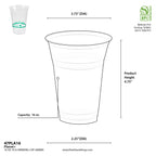 Measurement chart of a 16 oz. PLA drinking cup with dimensions and specifications.