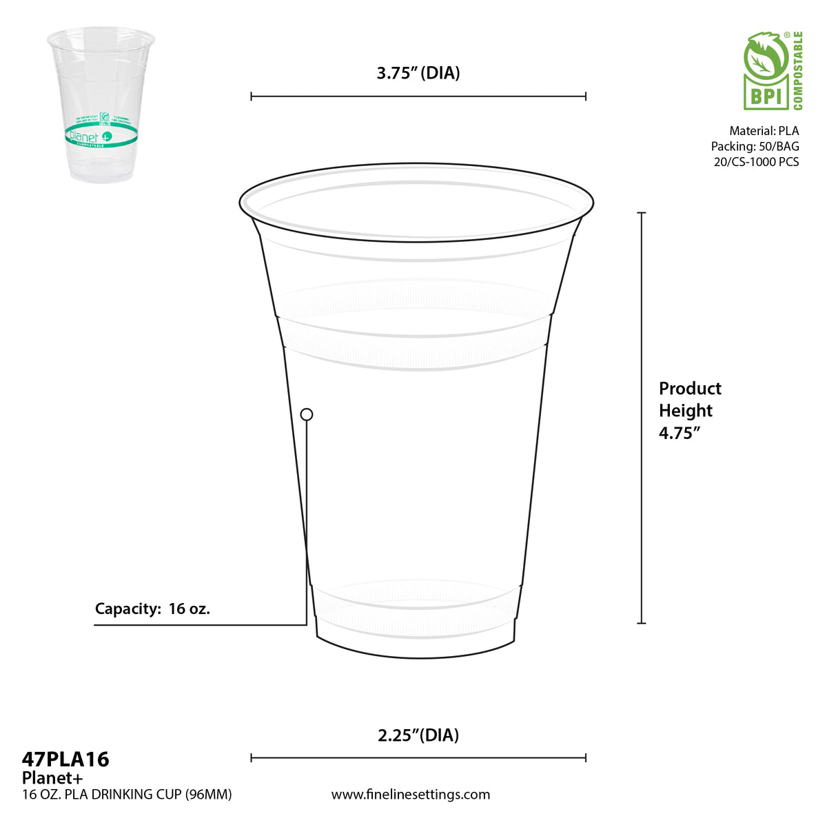 Measurement chart of a 16 oz. PLA drinking cup with dimensions and specifications.