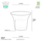 Measurement chart of a 9 oz. PLA drinking cup with dimensions and material details.