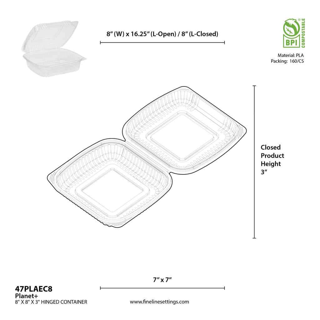 Compostable hinged container with dimensions and material information on a white background