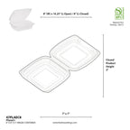 Compostable hinged container with dimensions and material information on a white background