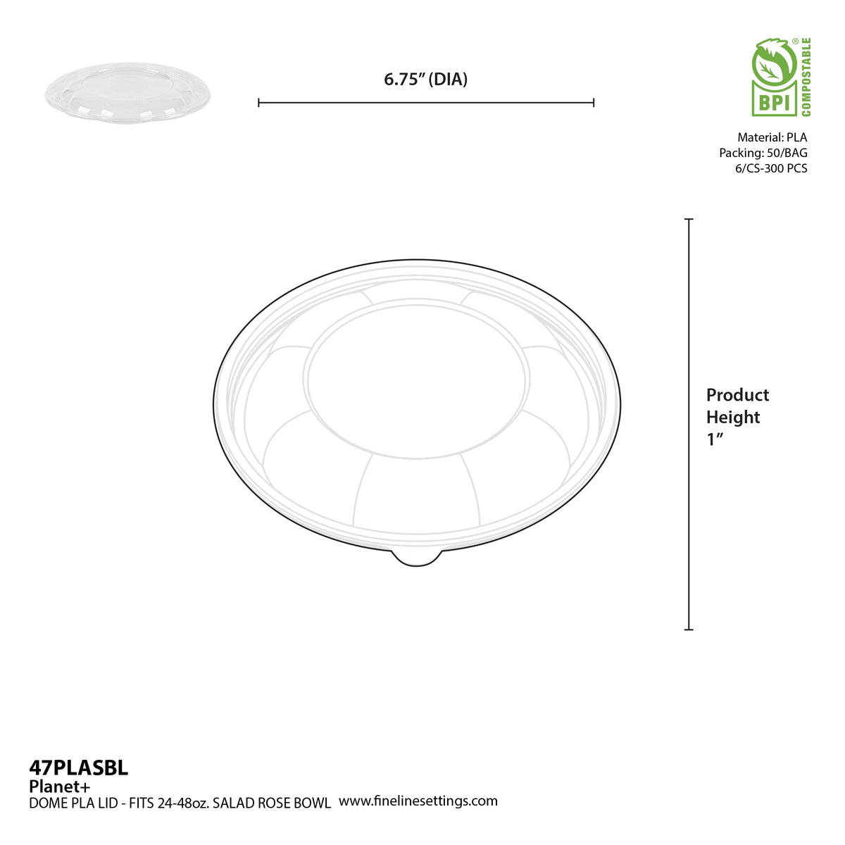 Salad PLA lid for salad bowl with dimensions and material information.