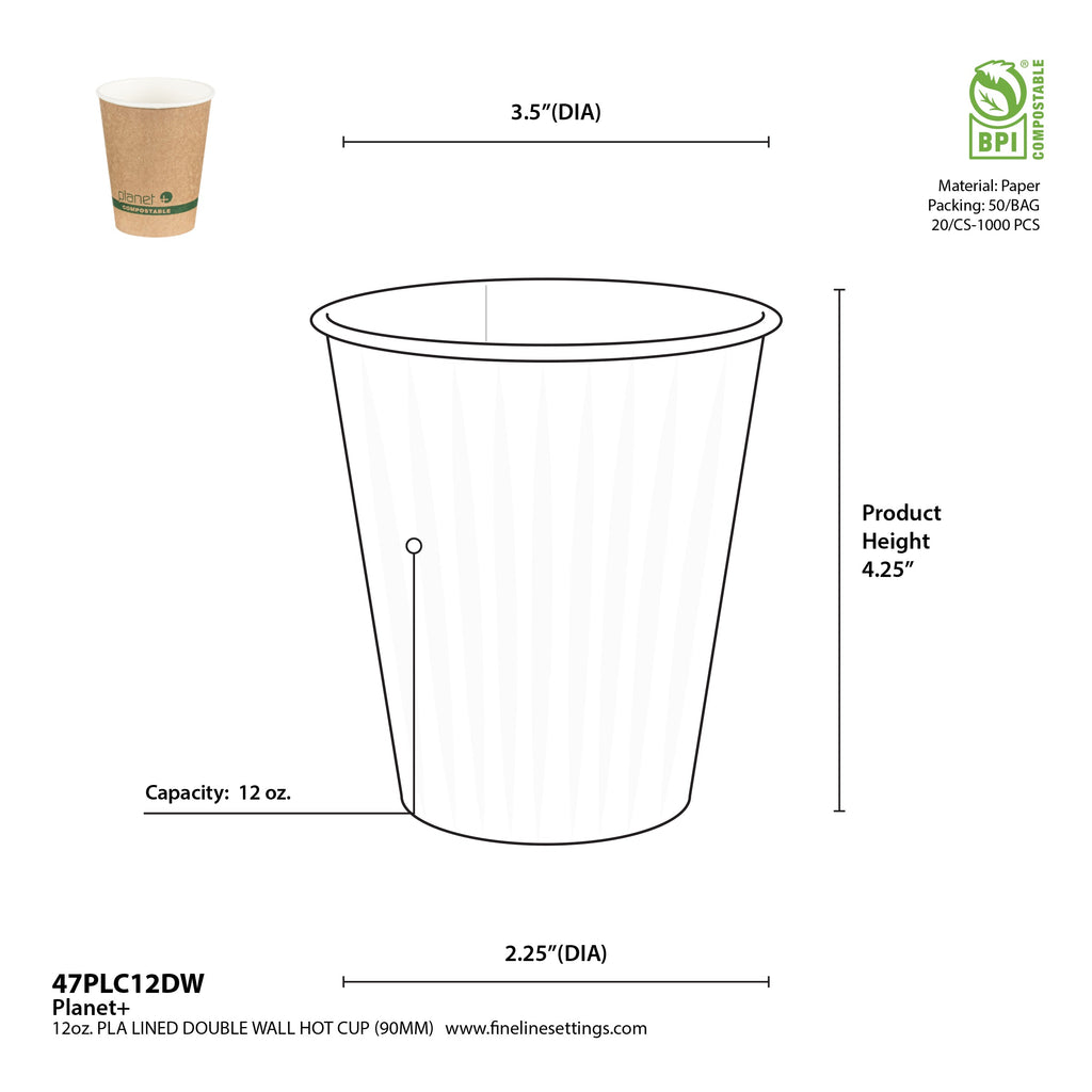 Measurement chart of a 12 oz paper cup with dimensions and specifications.