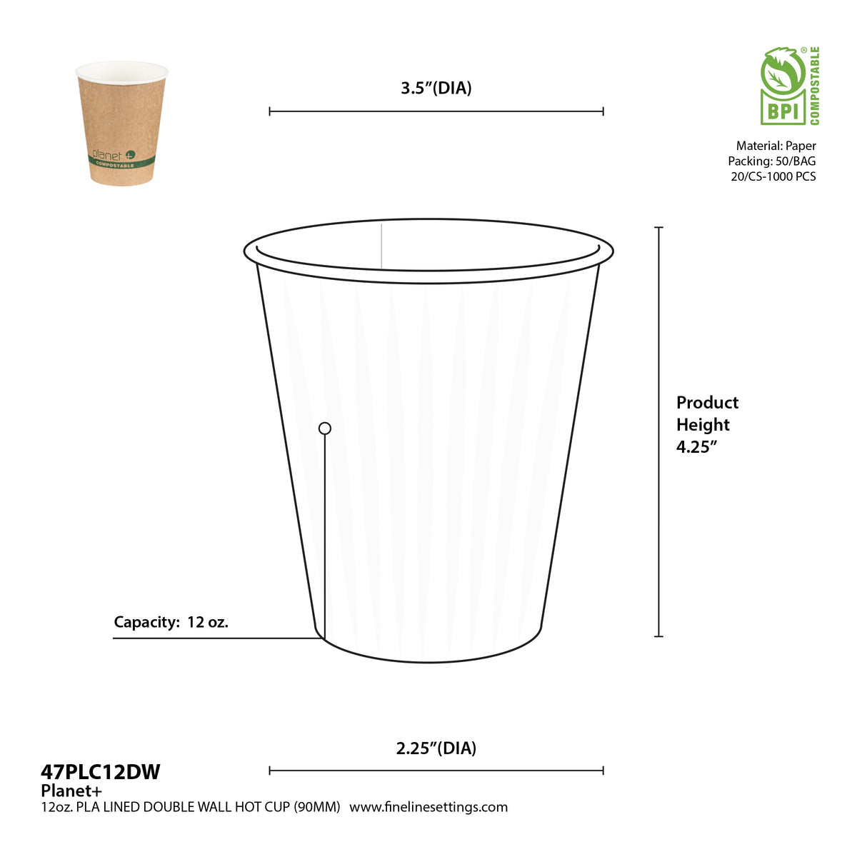 Measurement chart of a 12 oz paper cup with dimensions and specifications.