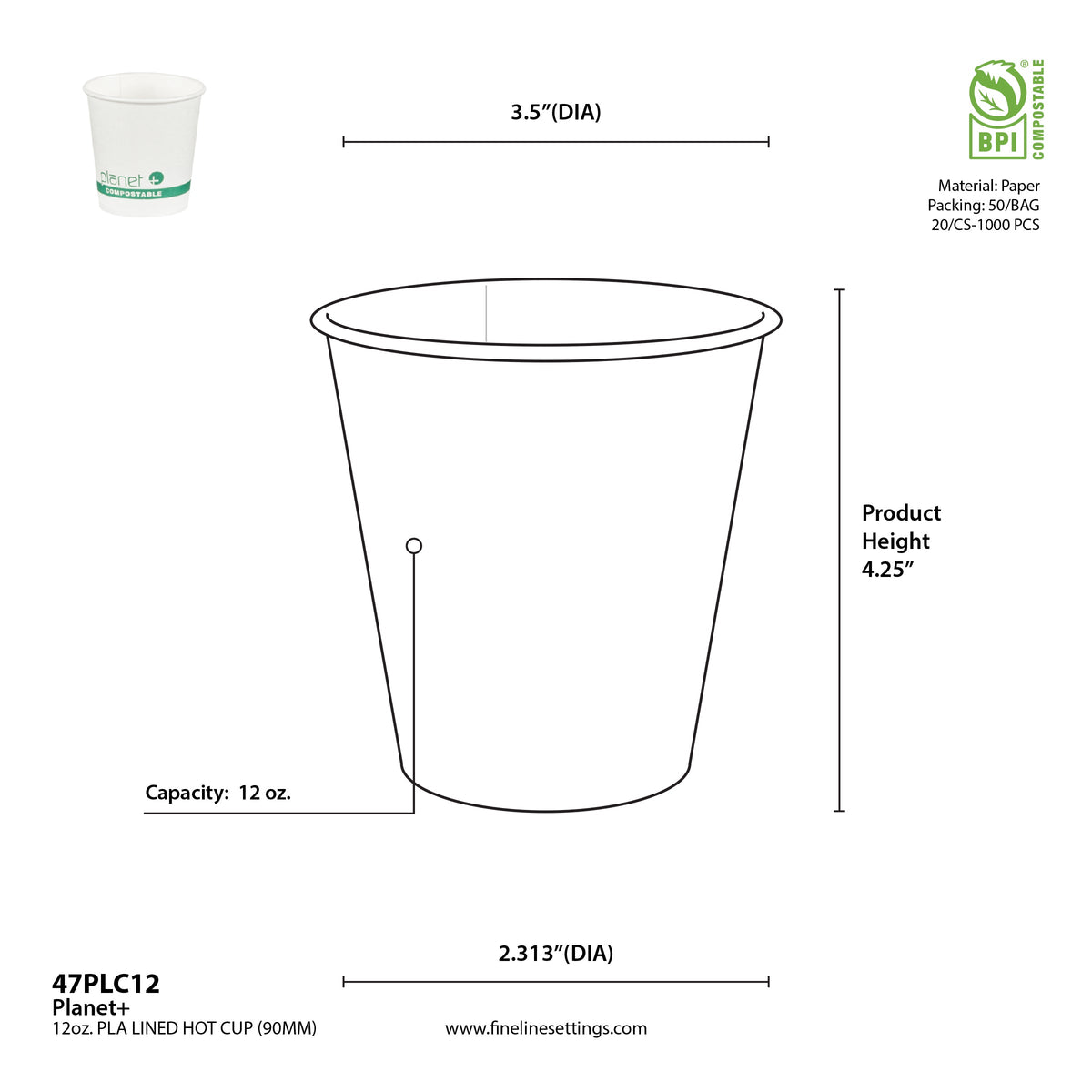Measurement chart of a 12 oz paper hot cup with dimensions and specifications.