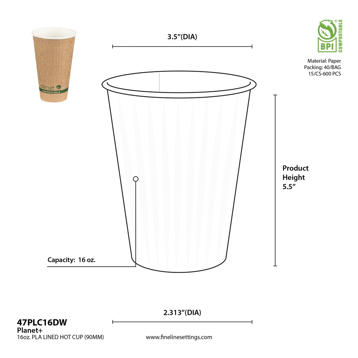 Measurement chart of a 16 oz paper cup with dimensions and specifications.