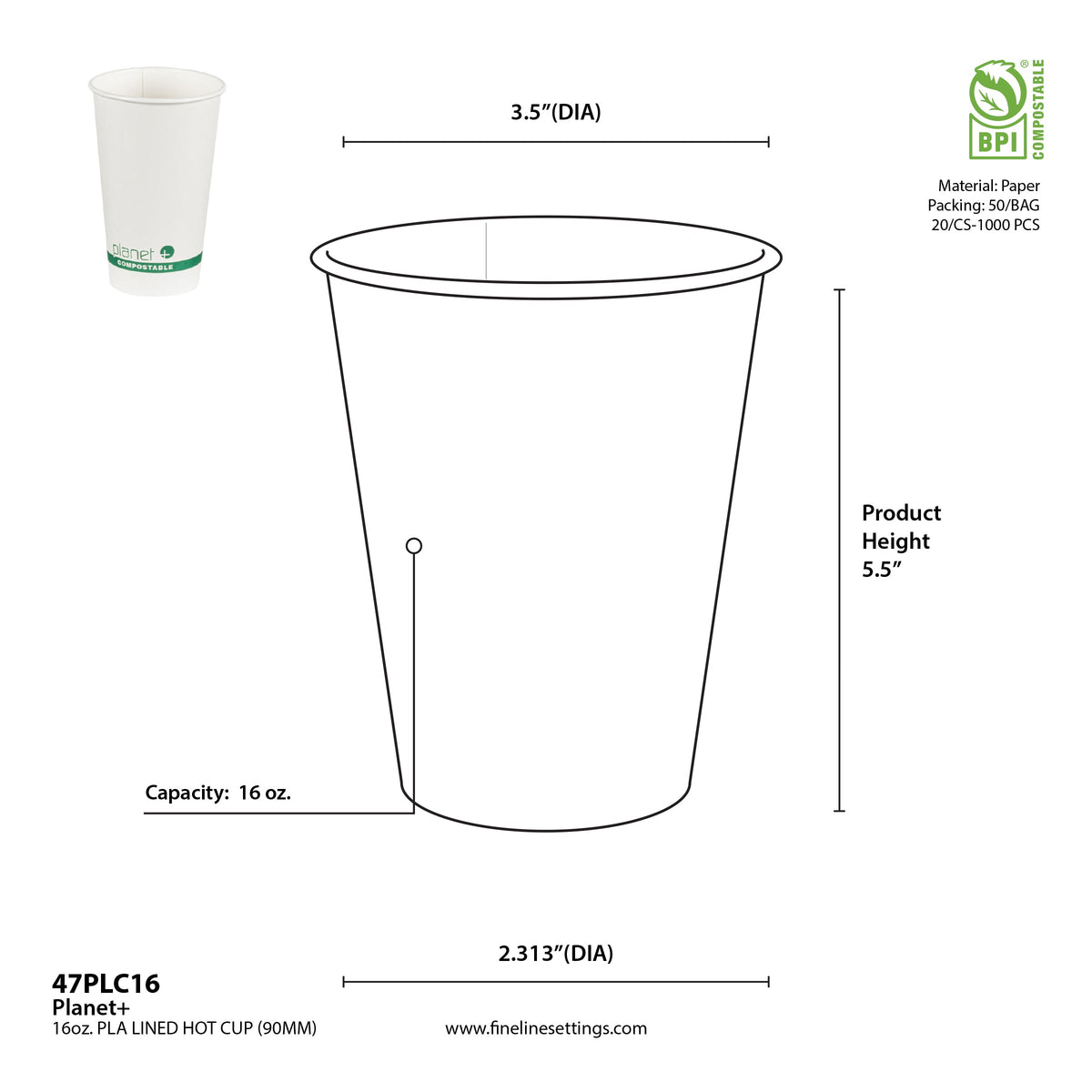 Measurement chart of a 16 oz paper hot cup with dimensions and specifications.