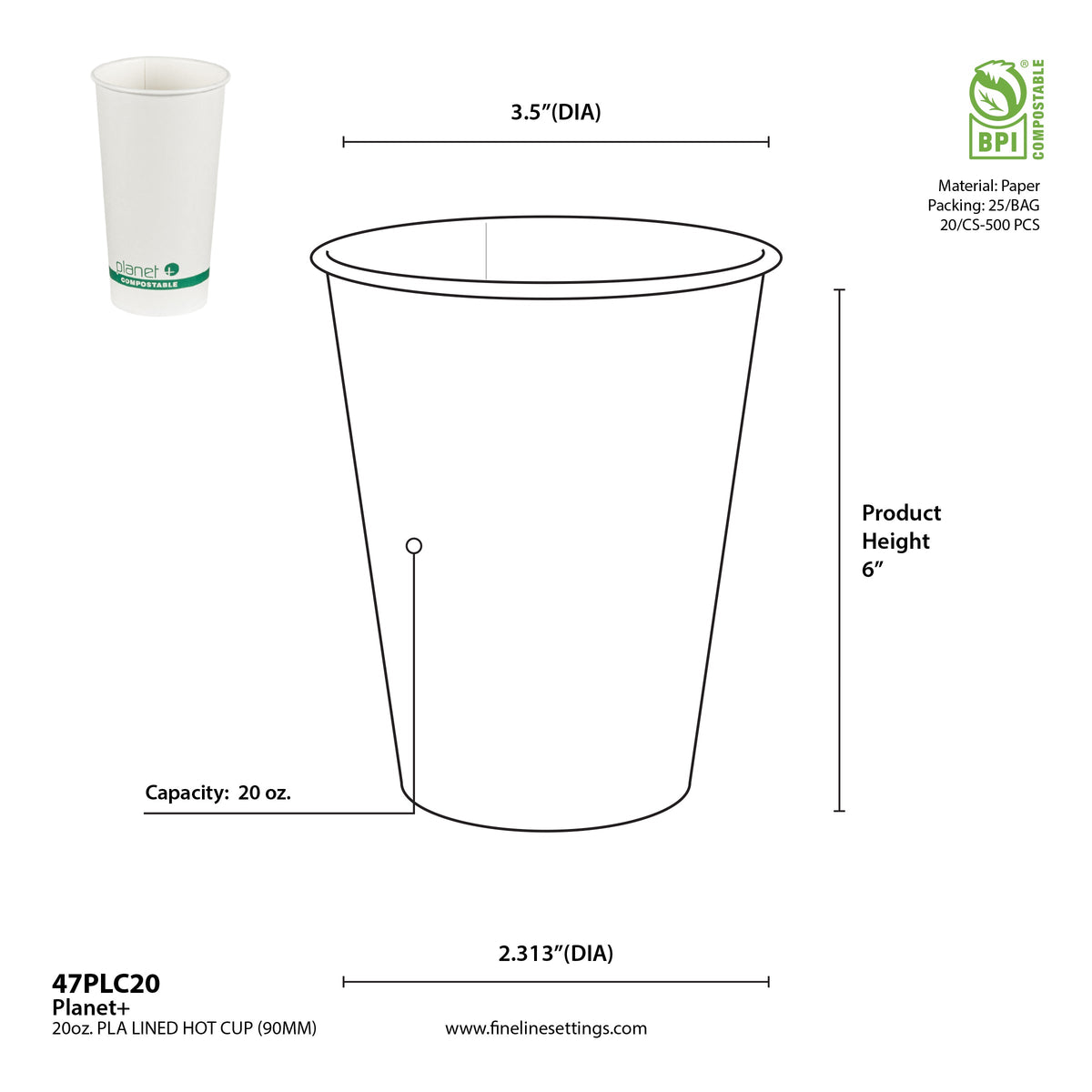 Measurement chart of a 20 oz paper hot cup with dimensions and specifications.