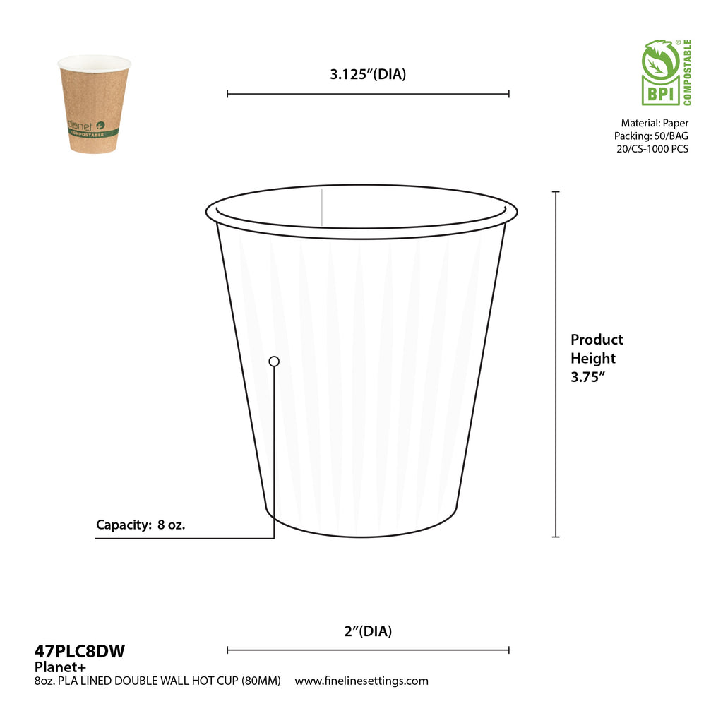 Measurement chart of a 8 oz double wall hot cup with dimensions and specifications.