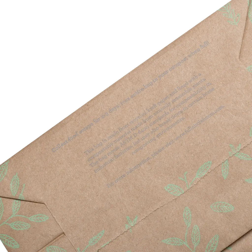 Brown paper with green leaf pattern and text on a white background