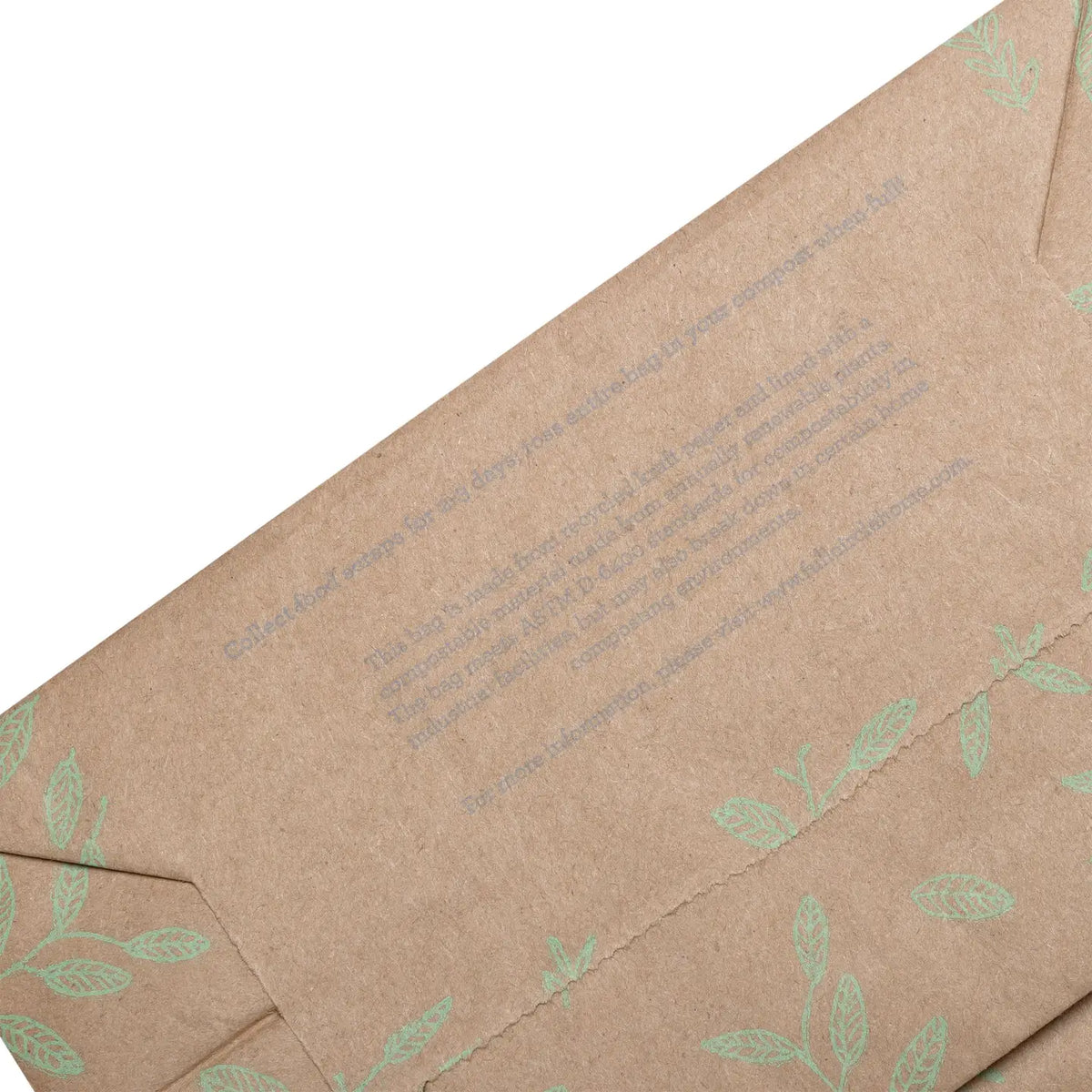 Brown paper with green leaf pattern and text on a white background