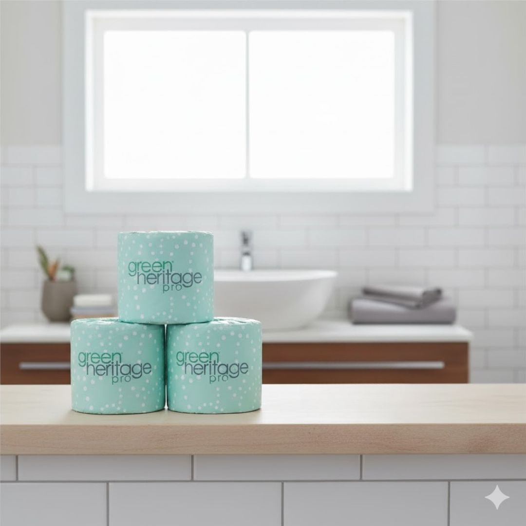 Three rolls of Green Heritage Pro toilet paper on a bathroom counter with a blurred background