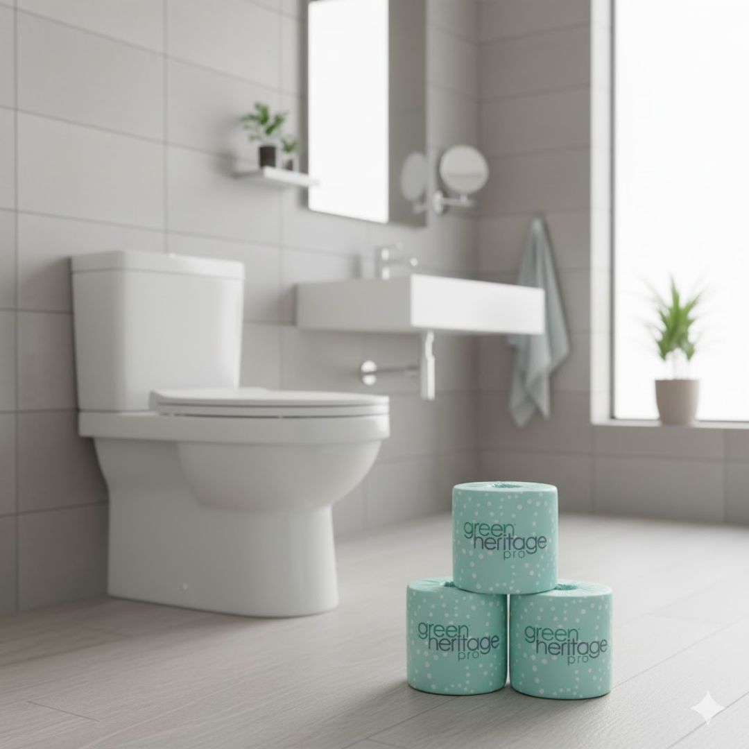 Three rolls of green heritage toilet paper in a bathroom setting