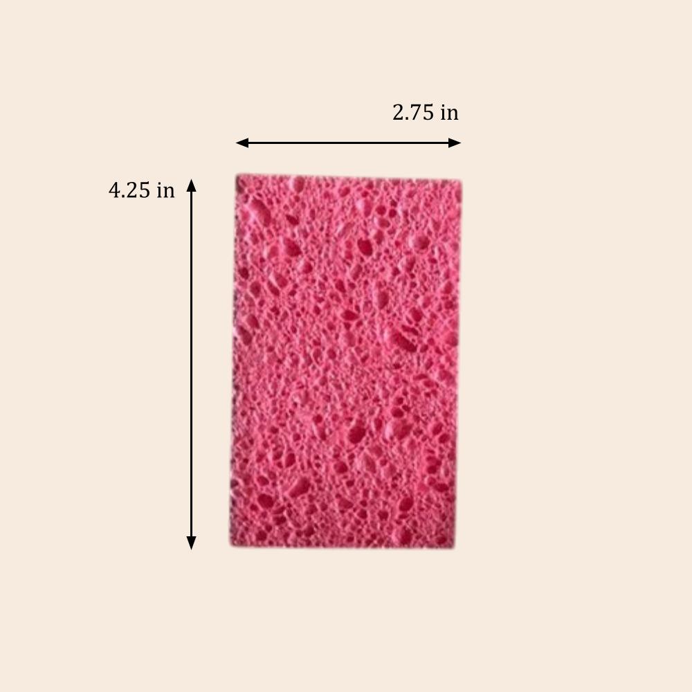 Pink sponge with dimensions labeled on a beige background