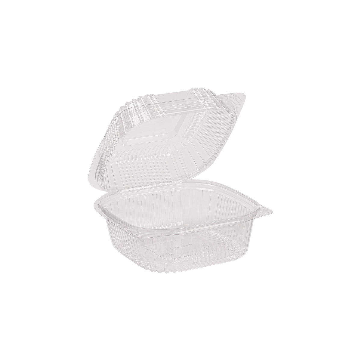 Clear clamshell with hinged lids on a white background