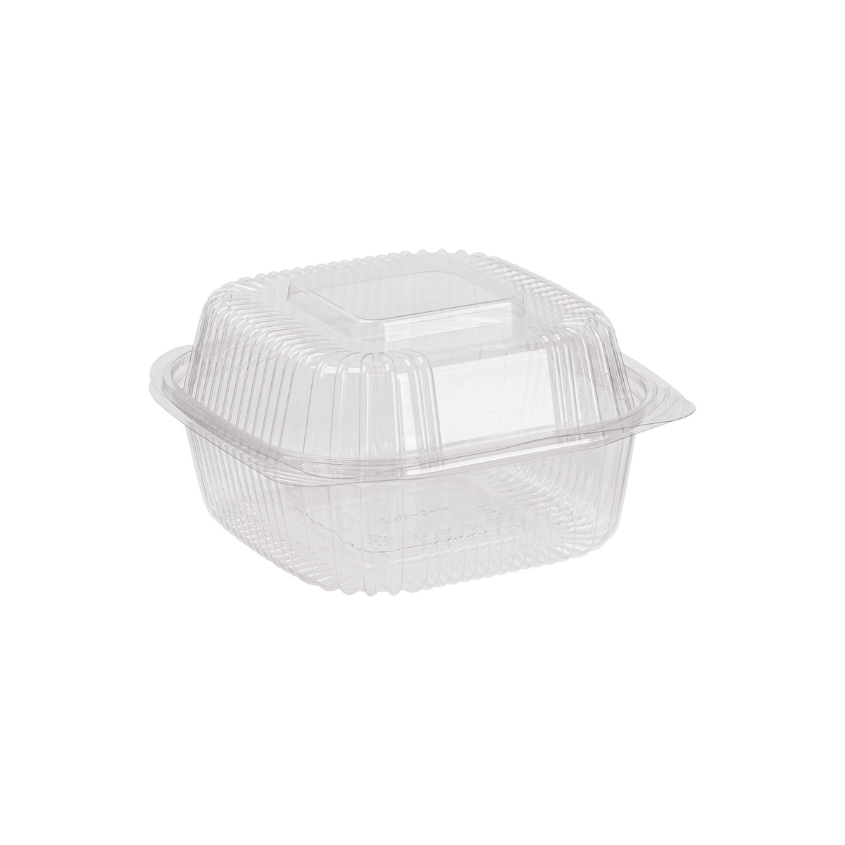 Clear plastic food container with a lid on a white background