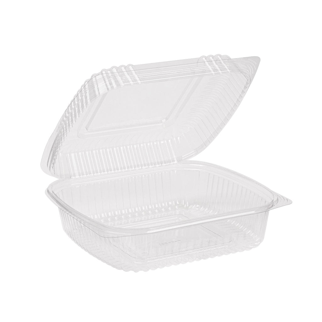 Clear clamshell container with lid on a white background