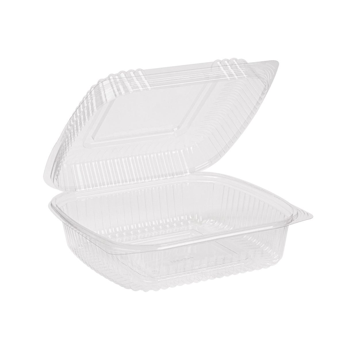 Clear clamshell container with lid on a white background