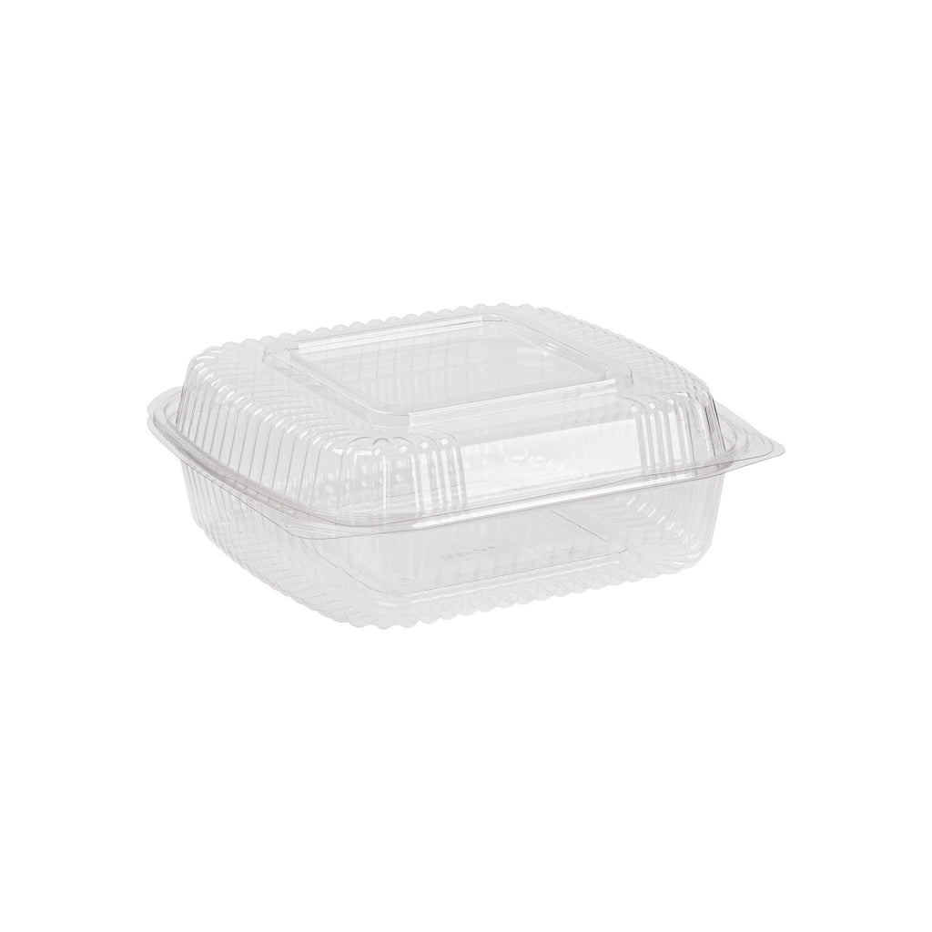 Clear plastic food container with lid on a white background