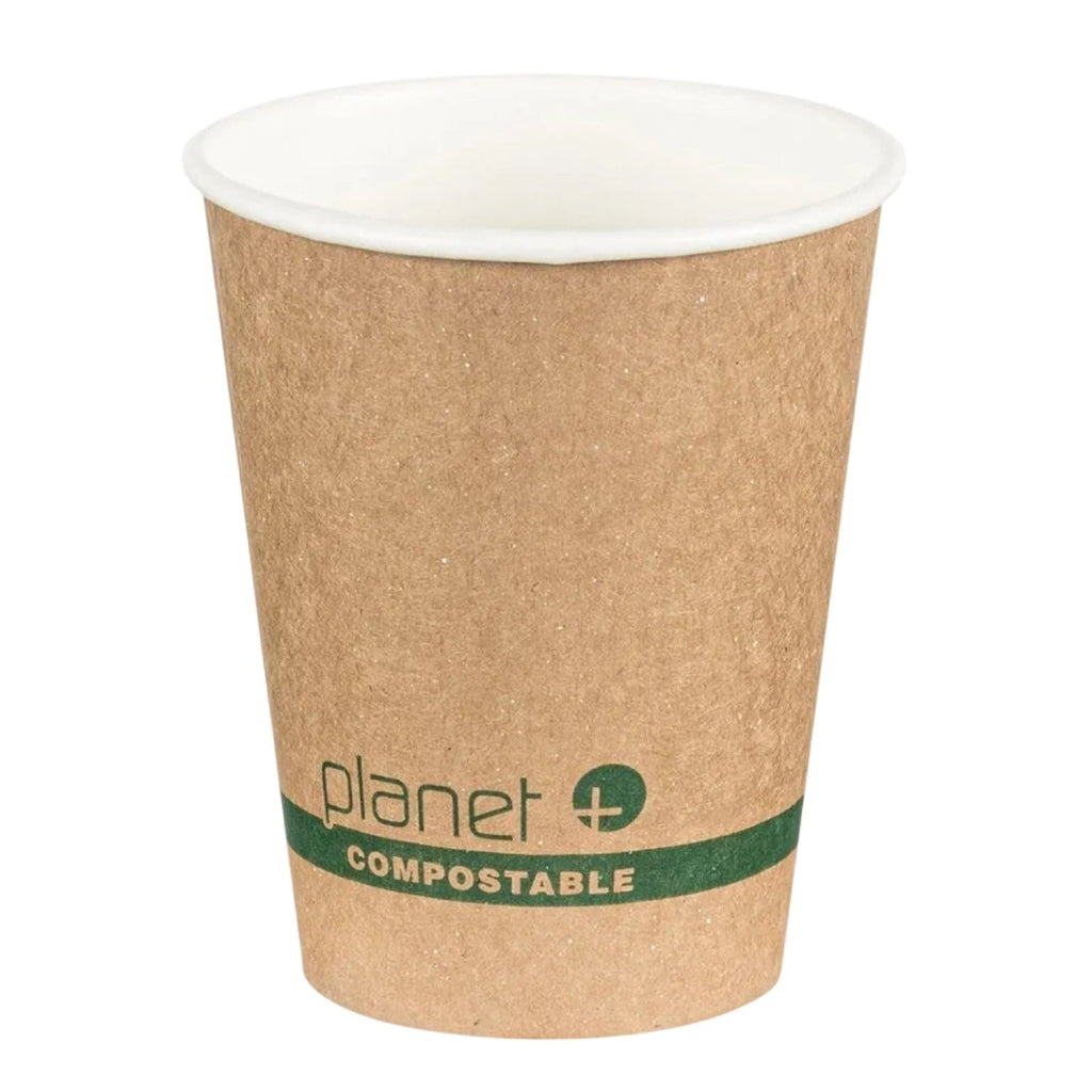 Kraft paper cup with 'planet+' compostable label on a white background
