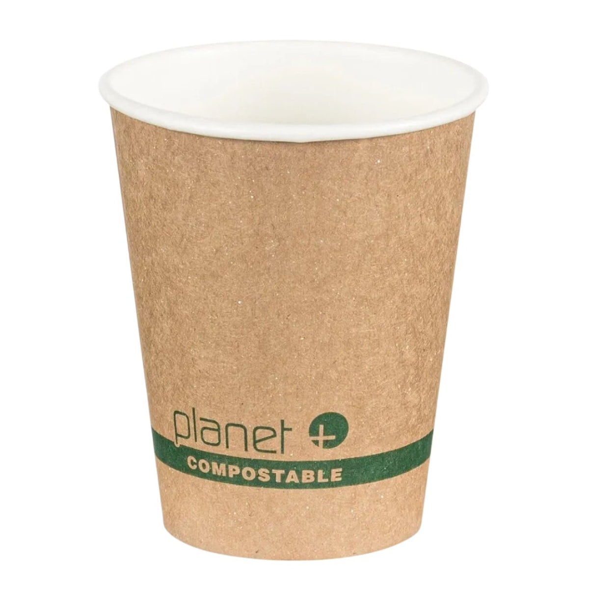Kraft paper cup with 'planet+' compostable label on a white background