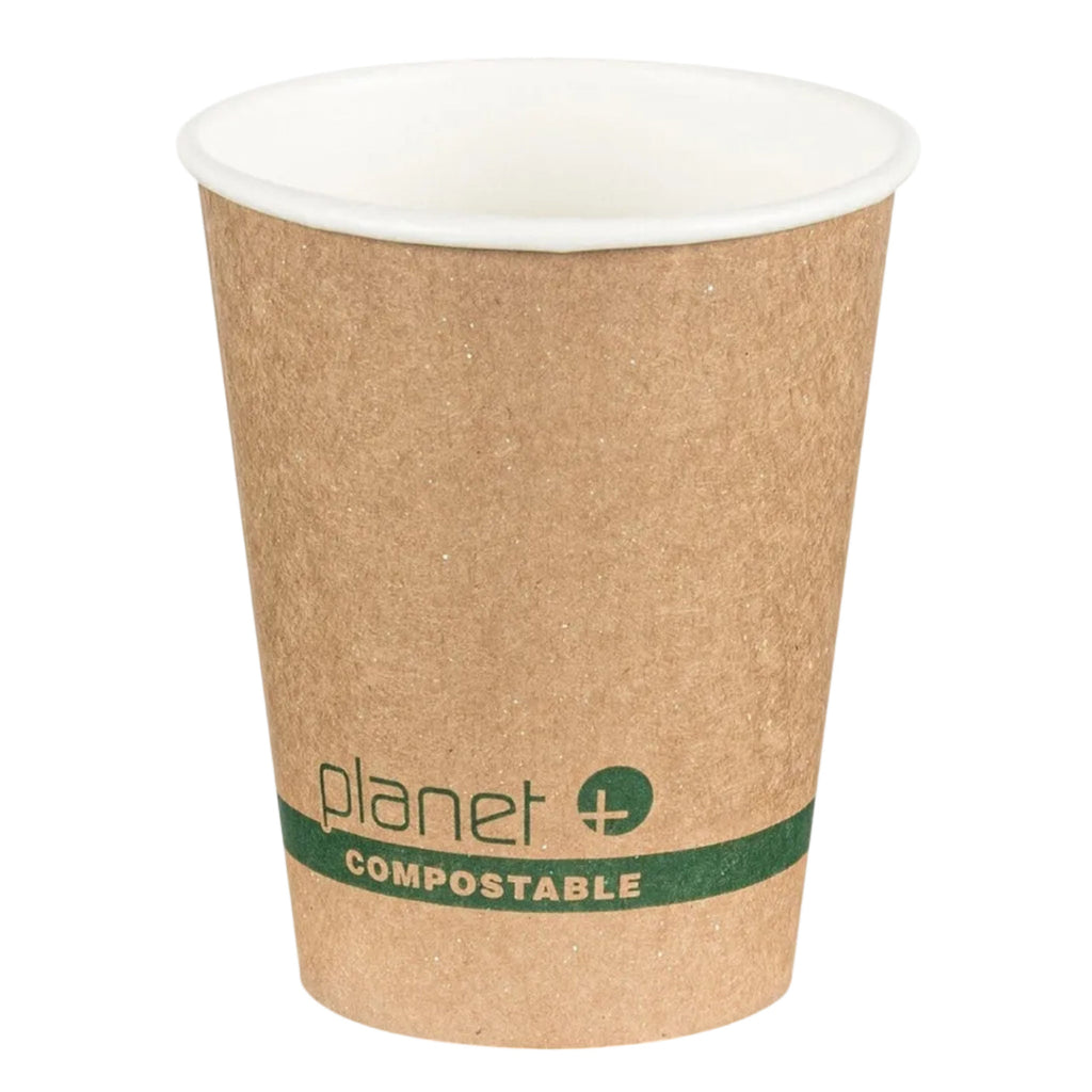 Kraft paper cup with white interior, green 'planet+' logo, and 'compostable' text on a white background.