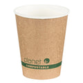 Kraft paper cup with white interior, green 'planet+' logo, and 'compostable' text on a white background.
