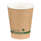 Kraft paper cup with white interior, green 'planet+' logo, and 'compostable' text on a white background.
