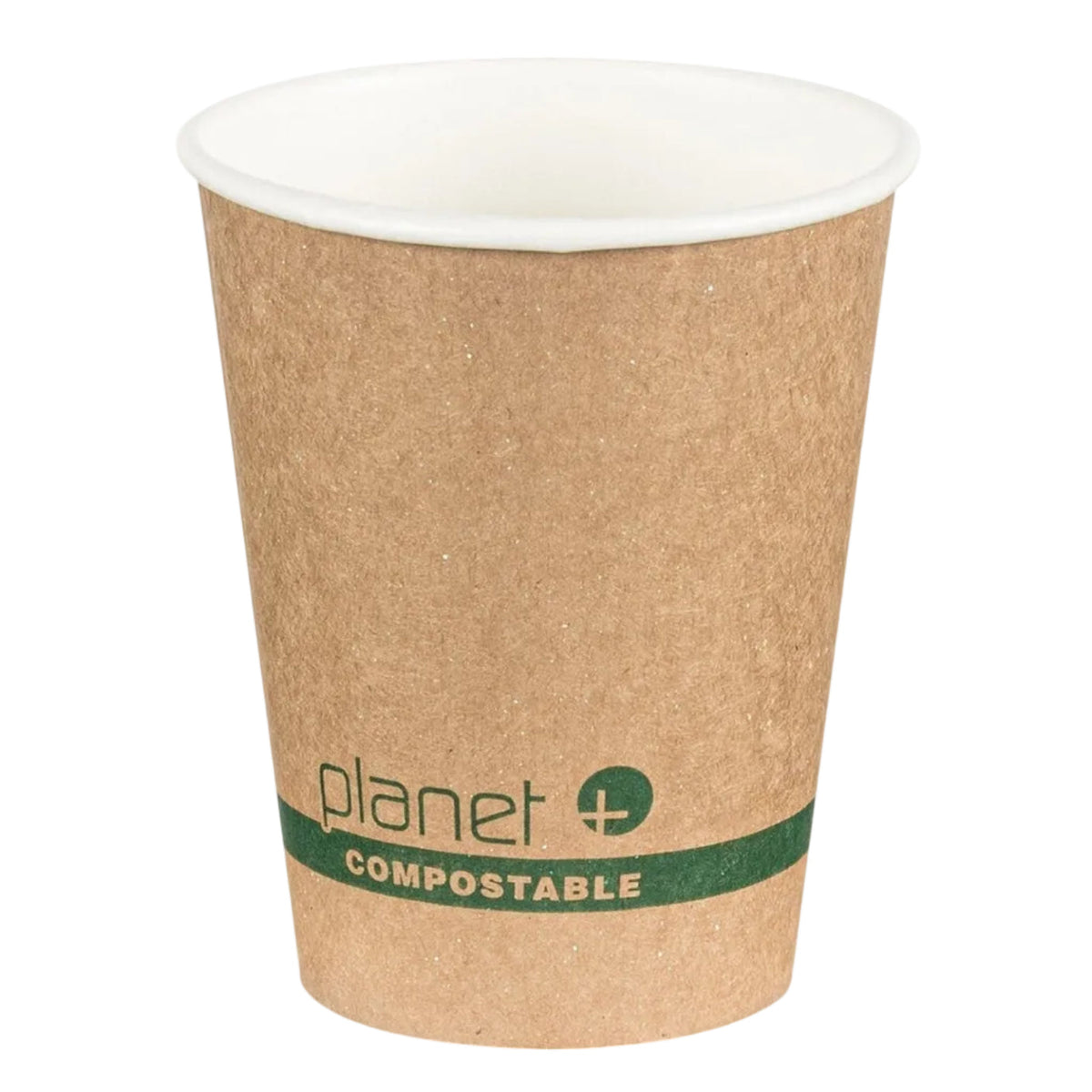 Kraft paper cup with white interior, green 'planet+' logo, and 'compostable' text on a white background.