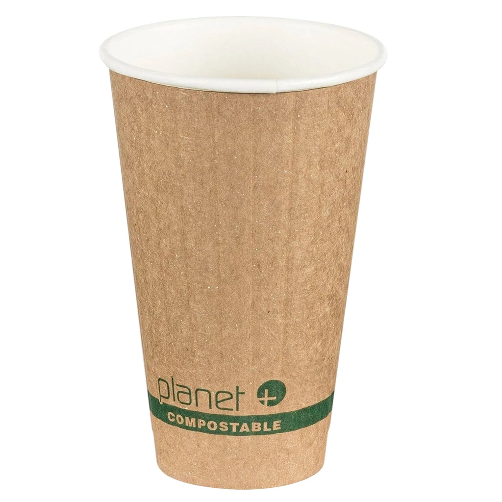 Brown paper cup with 'planet compostable' label on a white background
