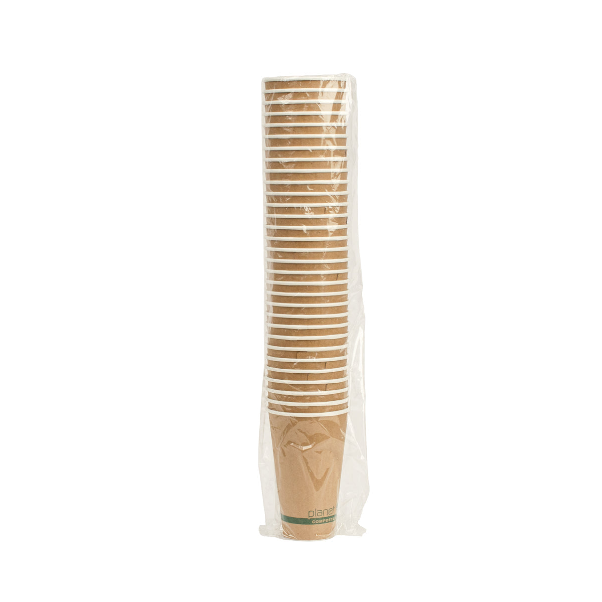 Pack of paper cups with a clear plastic wrap on a white background