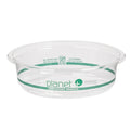 Clear compostable plastic container with green rim and 'planet+' branding on a white background