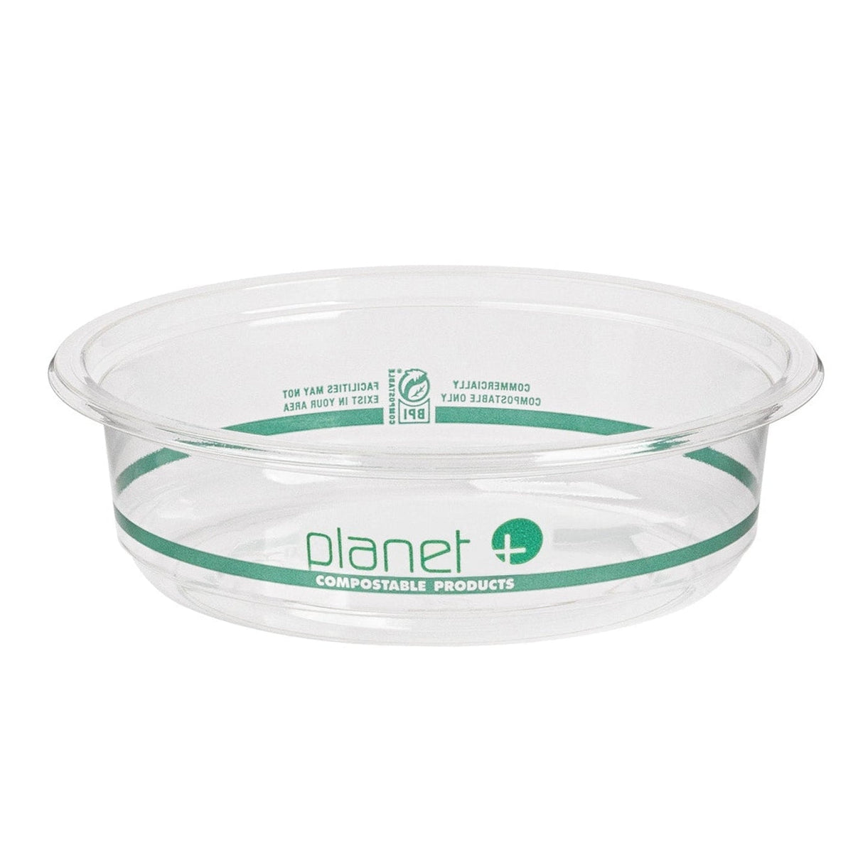 Clear compostable plastic container with green rim and 'planet+' branding on a white background