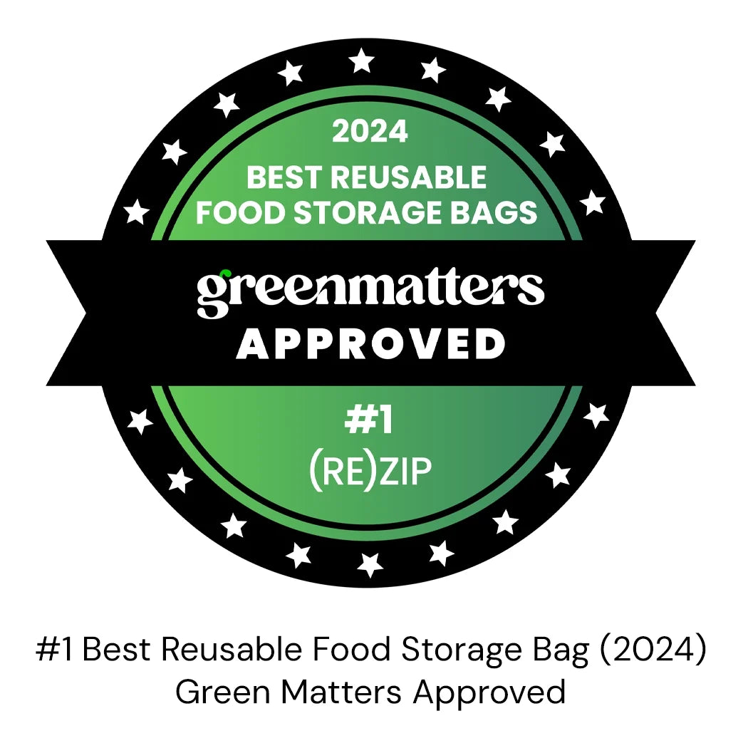 Greenmatters Approved badge for best reusable food storage bags 2024 on a white background