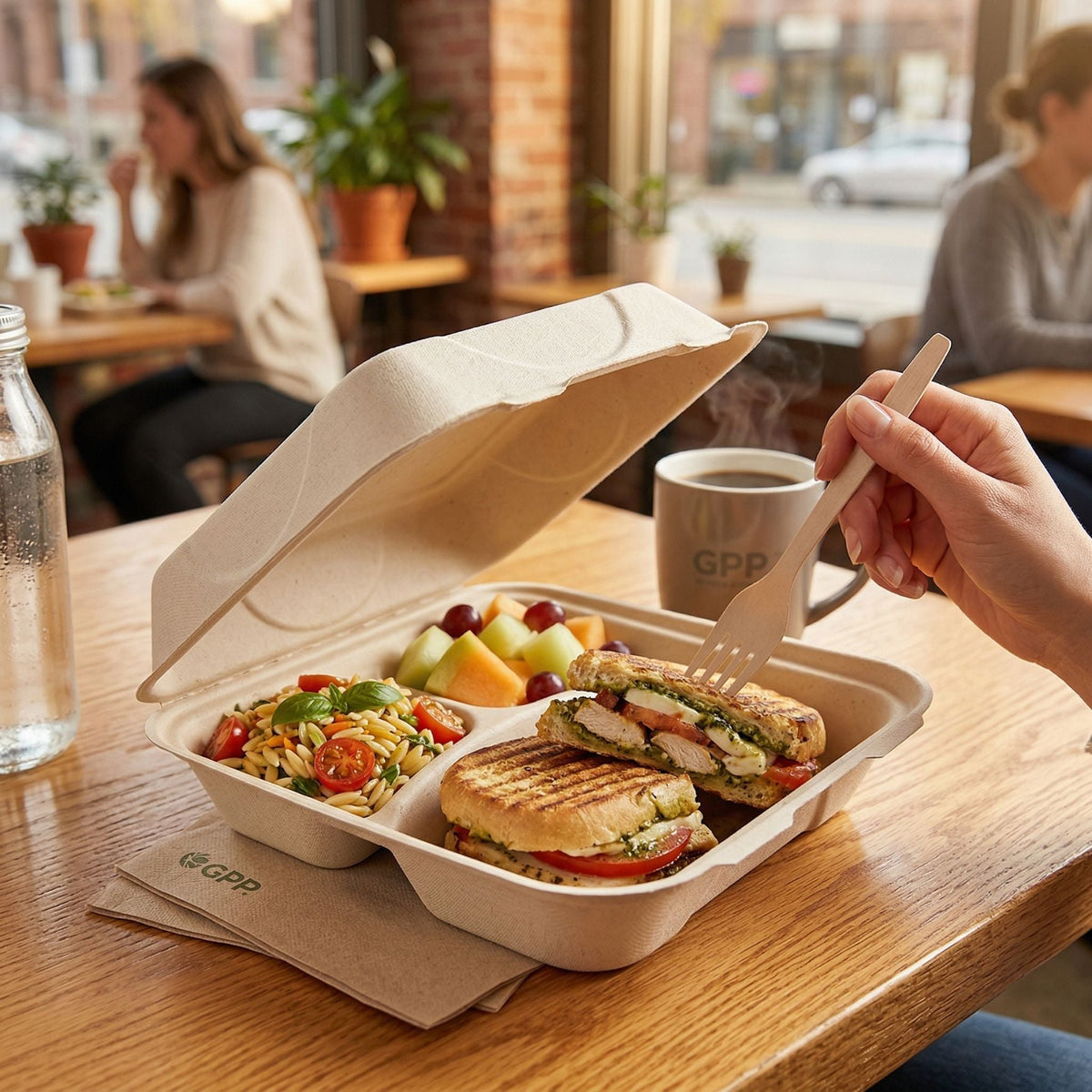 Person holding a fork over a take-out container with food and a coffee cup on a wooden table.