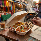 Takeout clamshell with Indian food and a drink on a street food stall background