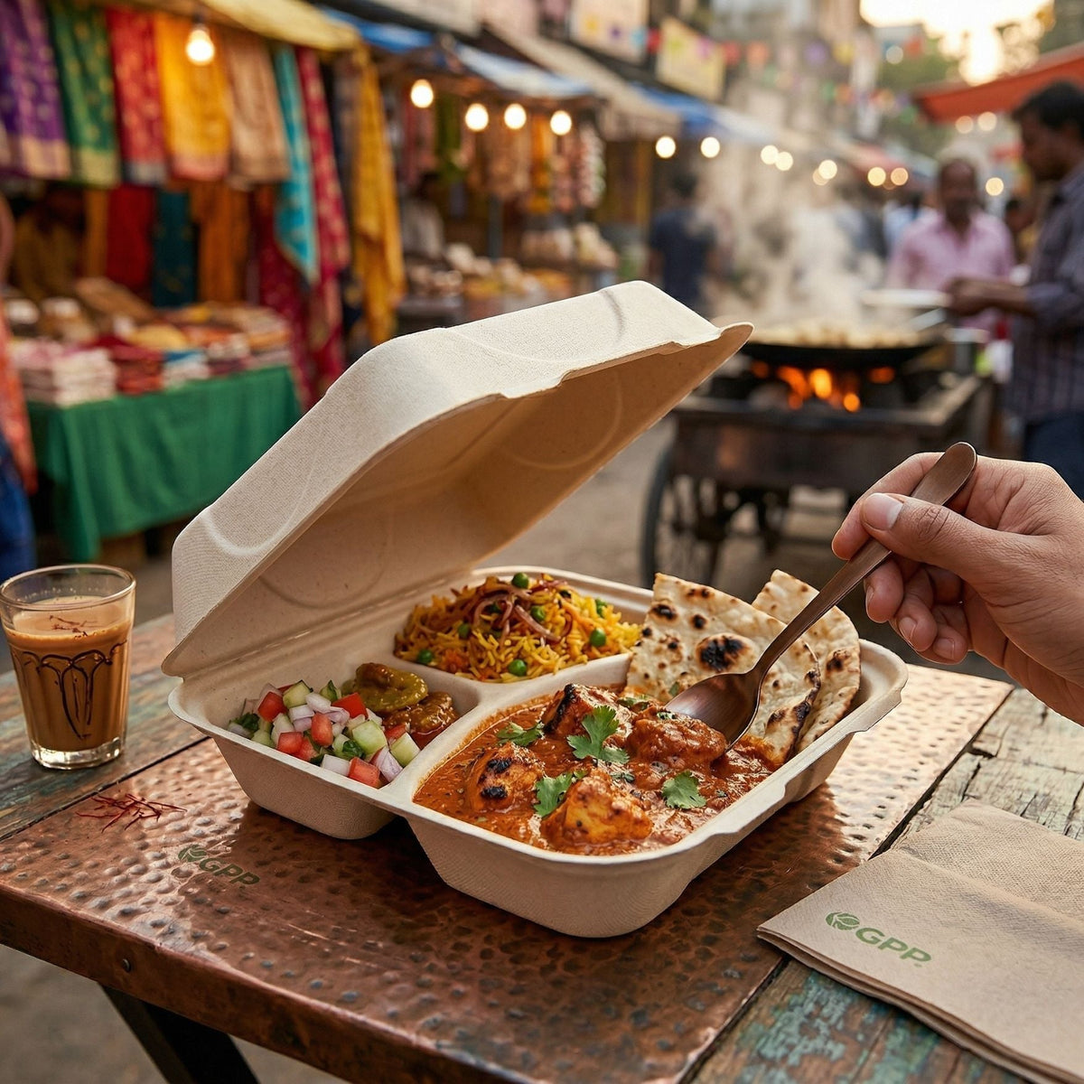 Takeout clamshell with Indian food and a drink on a street food stall background