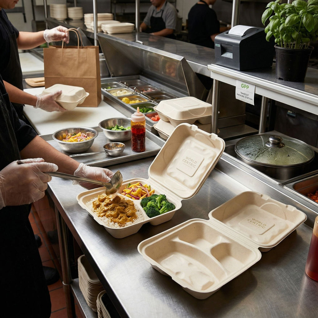 Person preparing food in a kitchen with takeout clamshells with hinged lids while wearing disposable gloves.